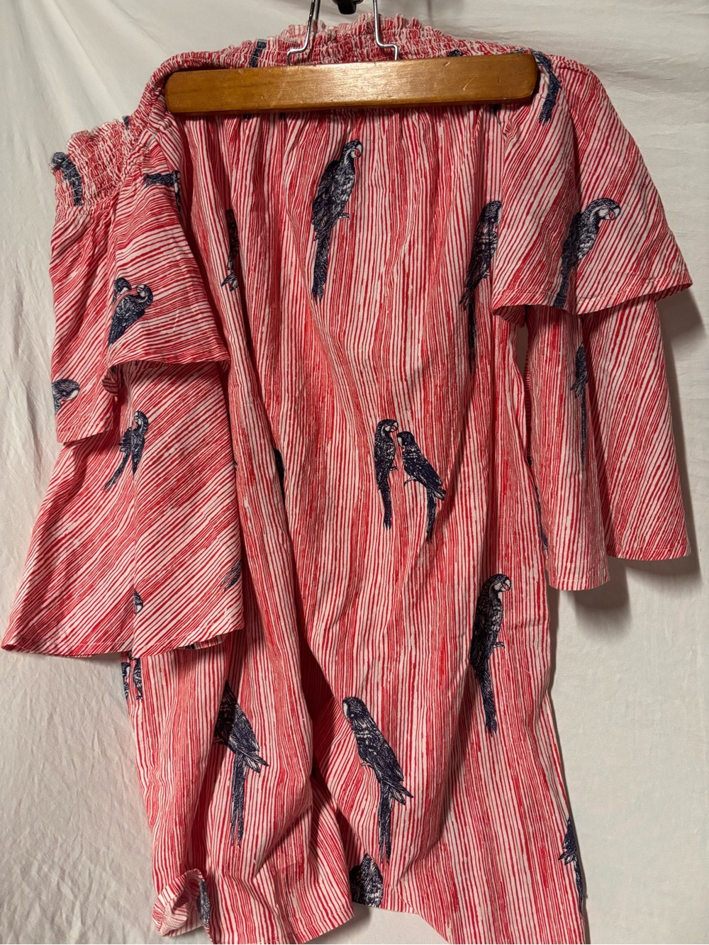 True Destiny Red Striped Parrot Print Off-Shoulder Top